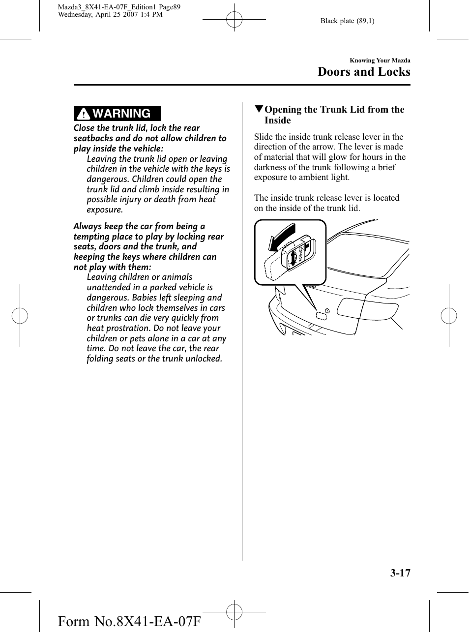 Doors and locks, Warning | Mazda 2008 SPEED3 User Manual | Page 89 / 394