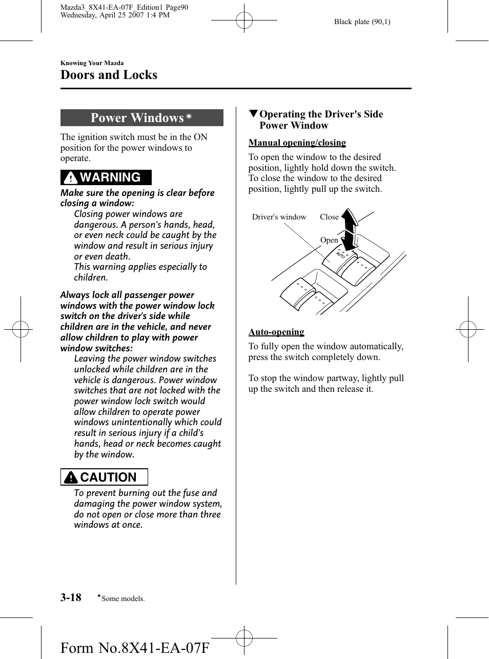 Power windows, Doors and locks, Warning | Caution | Mazda 2008 SPEED3 User Manual | Page 90 / 394