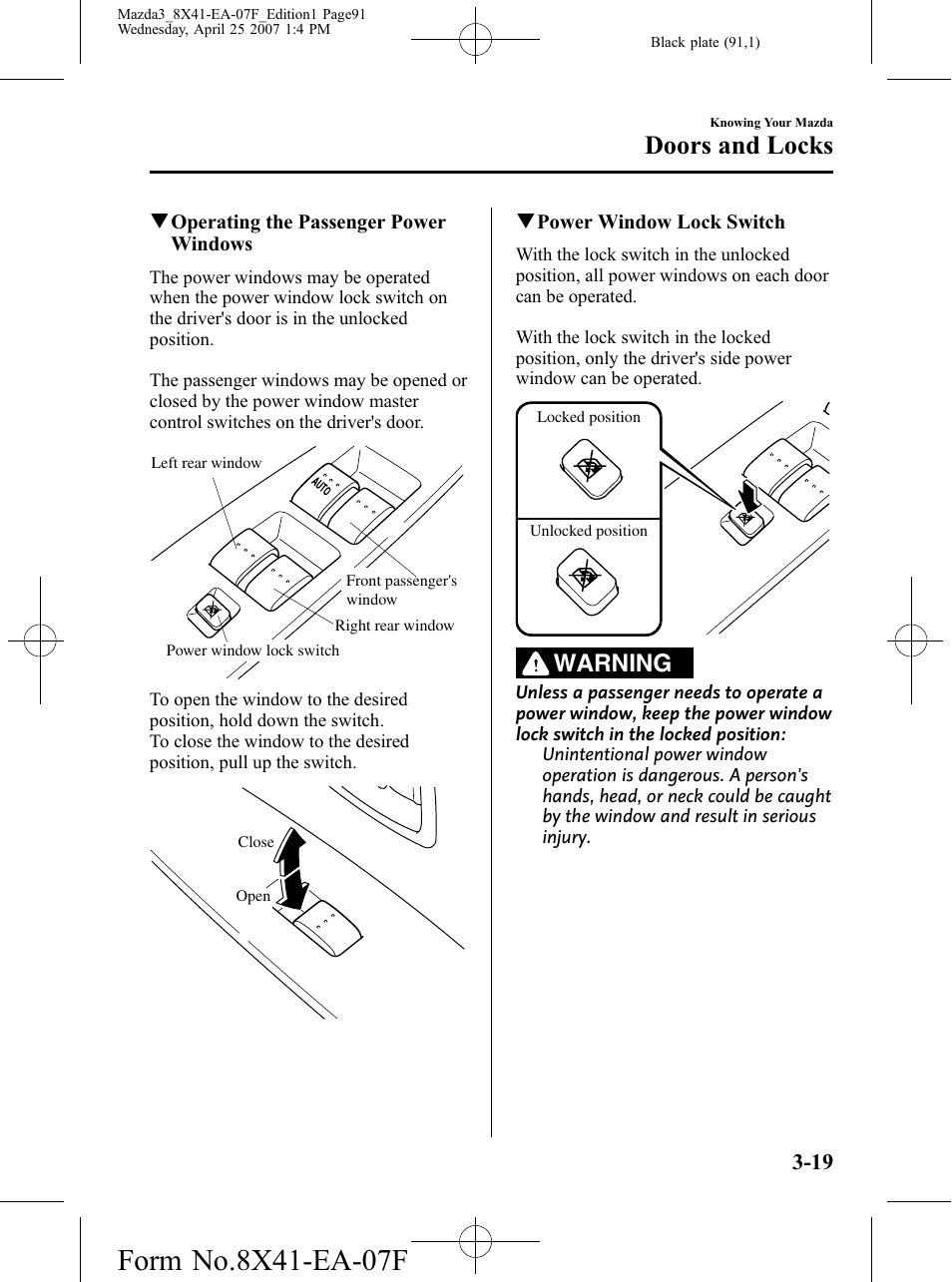 Doors and locks, Warning | Mazda 2008 SPEED3 User Manual | Page 91 / 394