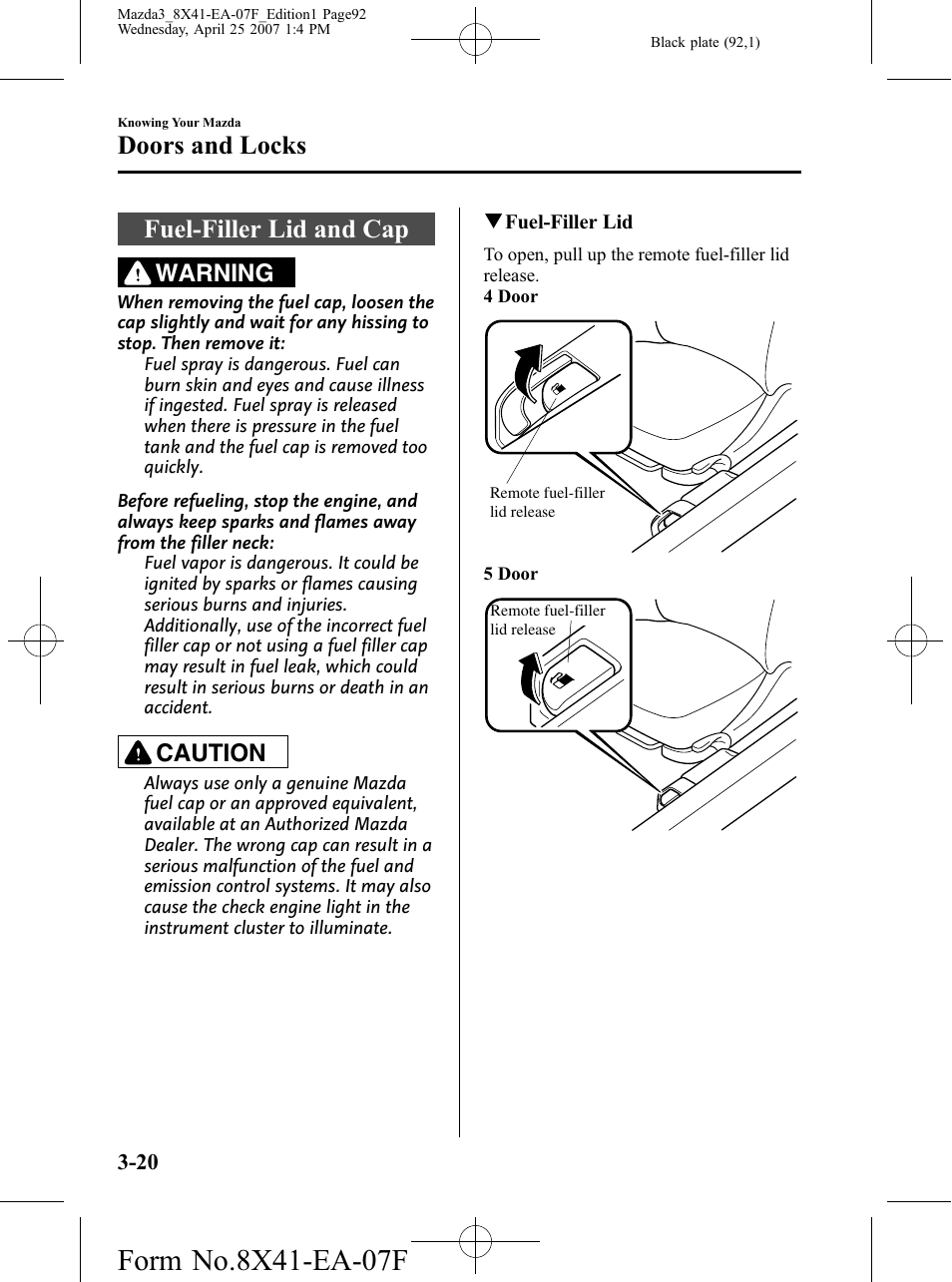 Fuel-filler lid and cap, Fuel-filler lid and cap -20, Doors and locks | Warning, Caution | Mazda 2008 SPEED3 User Manual | Page 92 / 394