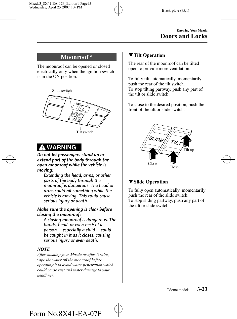 Moonroof, Doors and locks, Warning | Mazda 2008 SPEED3 User Manual | Page 95 / 394