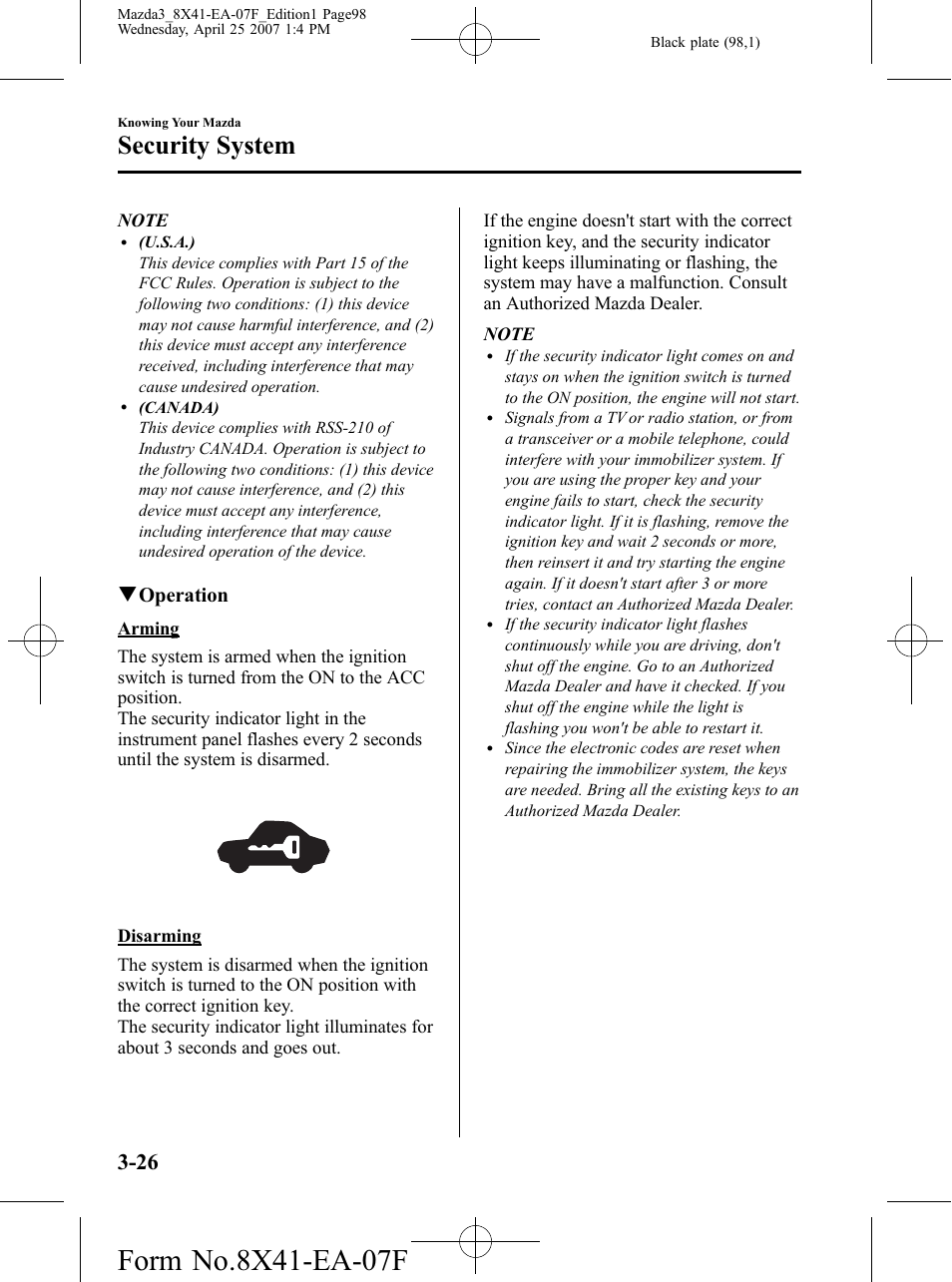 Security system, Qoperation | Mazda 2008 SPEED3 User Manual | Page 98 / 394