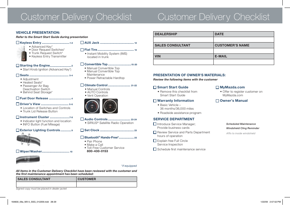 Customer delivery checklist | Mazda 2009 MX-5 Miata User Manual | Page 15 / 16