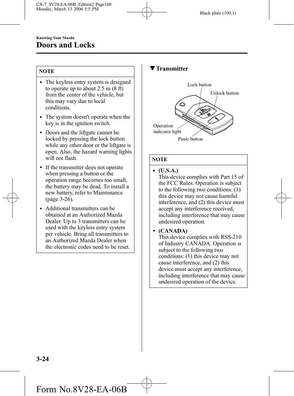 Doors and locks, Qtransmitter | Mazda 2007 CX-7 User Manual | Page 100 / 406
