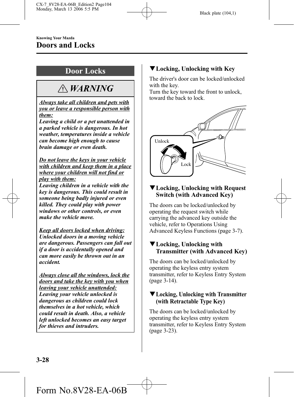 Door locks, Door locks -28, Warning | Doors and locks | Mazda 2007 CX-7 User Manual | Page 104 / 406