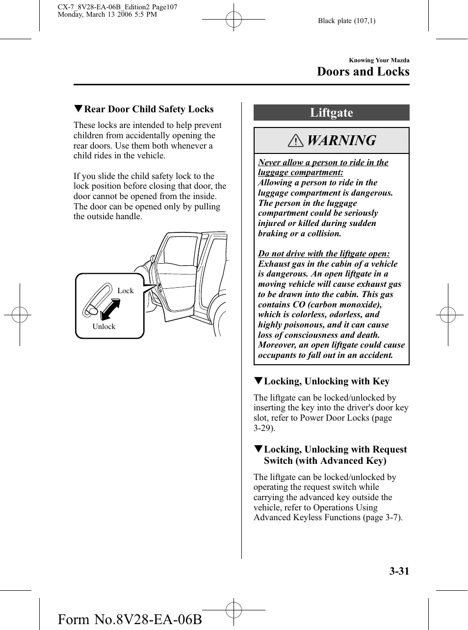 Liftgate, Liftgate -31, Warning | Doors and locks | Mazda 2007 CX-7 User Manual | Page 107 / 406