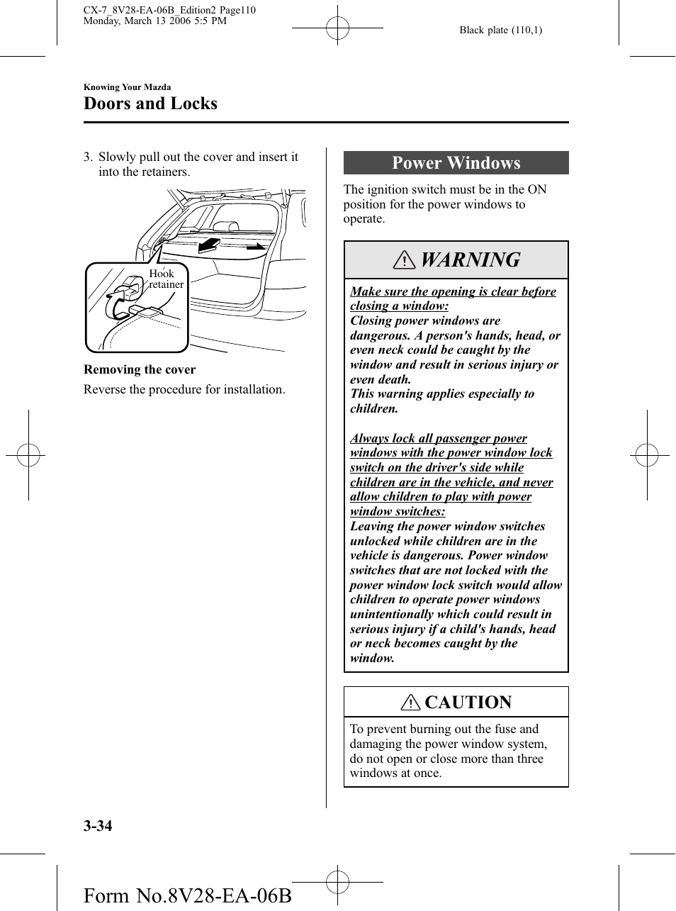 Power windows, Power windows -34, Warning | Caution, Doors and locks | Mazda 2007 CX-7 User Manual | Page 110 / 406