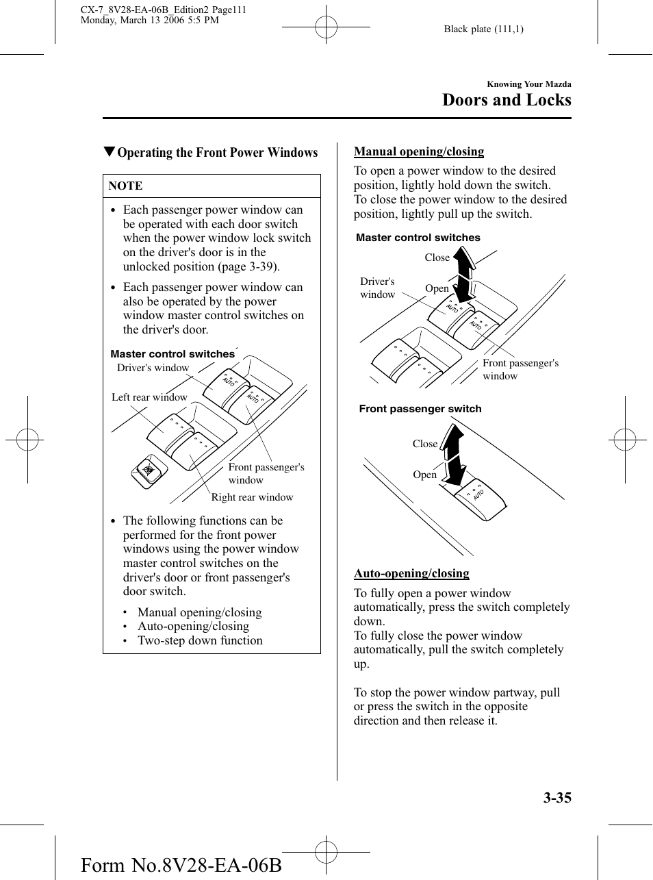Doors and locks, Qoperating the front power windows | Mazda 2007 CX-7 User Manual | Page 111 / 406