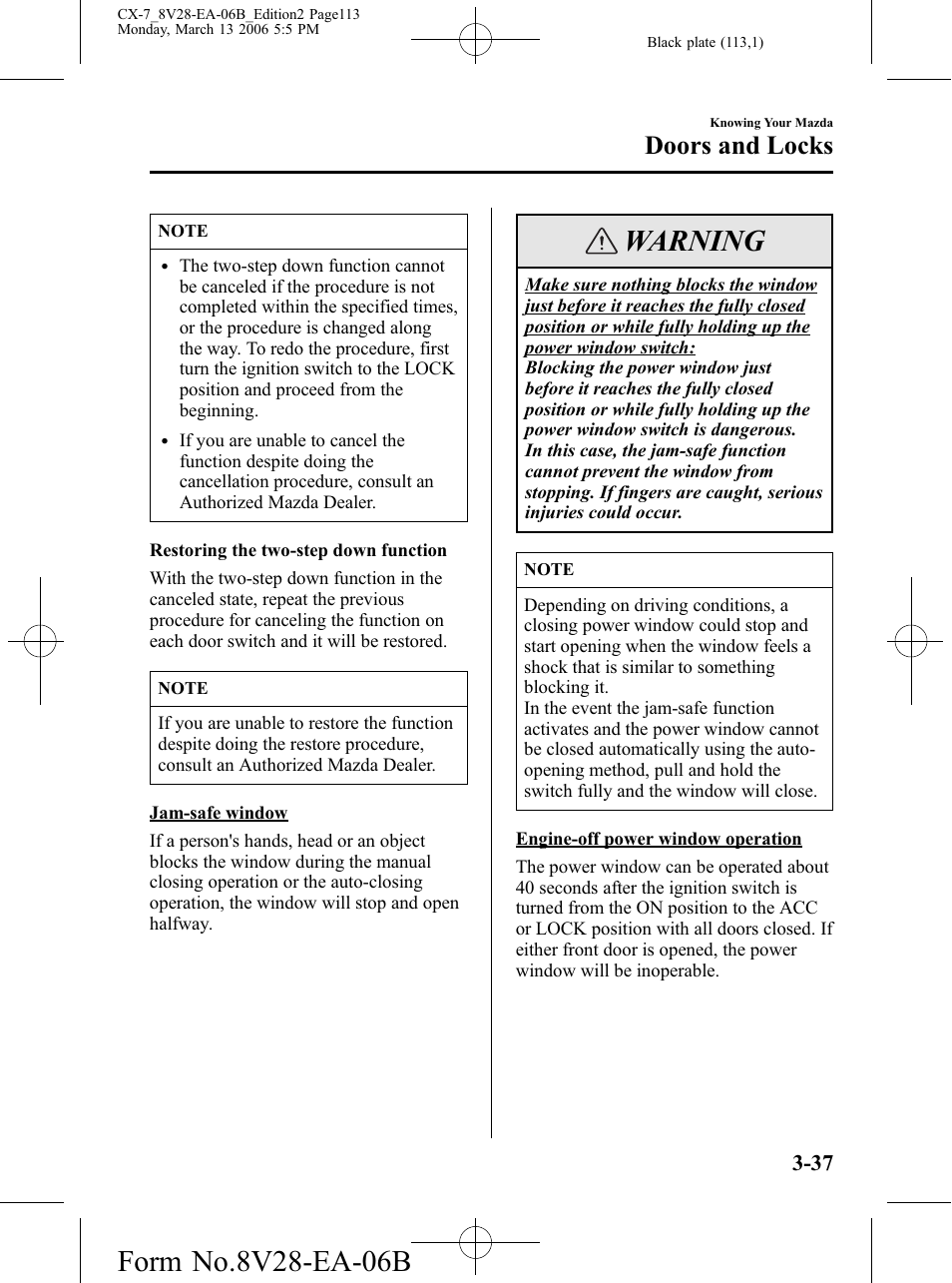 Warning, Doors and locks | Mazda 2007 CX-7 User Manual | Page 113 / 406