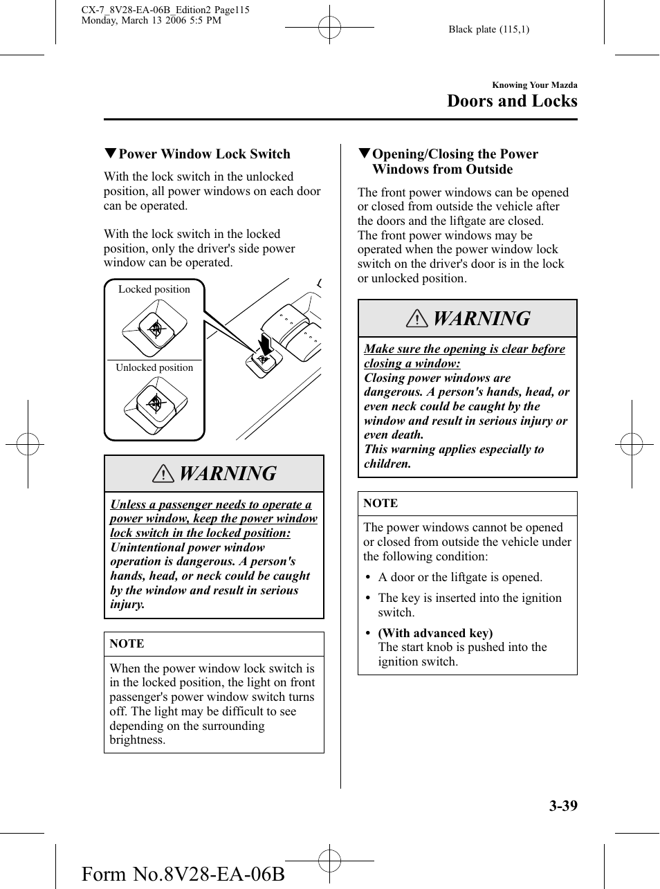 Warning, Doors and locks | Mazda 2007 CX-7 User Manual | Page 115 / 406