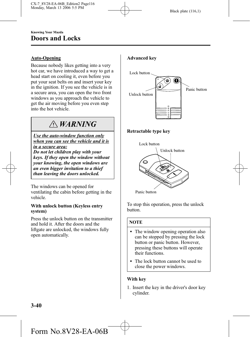 Warning, Doors and locks | Mazda 2007 CX-7 User Manual | Page 116 / 406