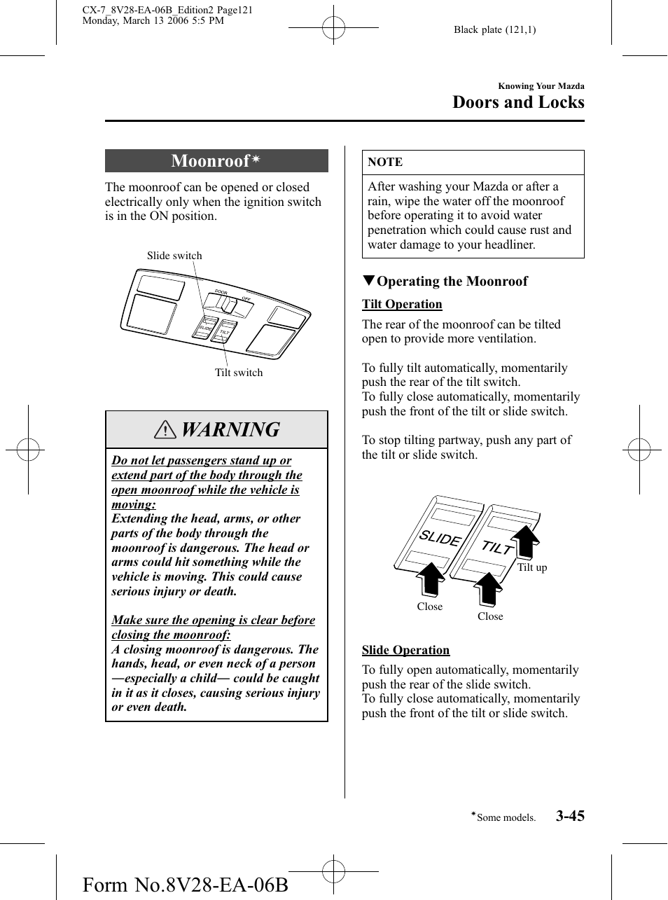 Moonroof, Warning, Doors and locks | Mazda 2007 CX-7 User Manual | Page 121 / 406