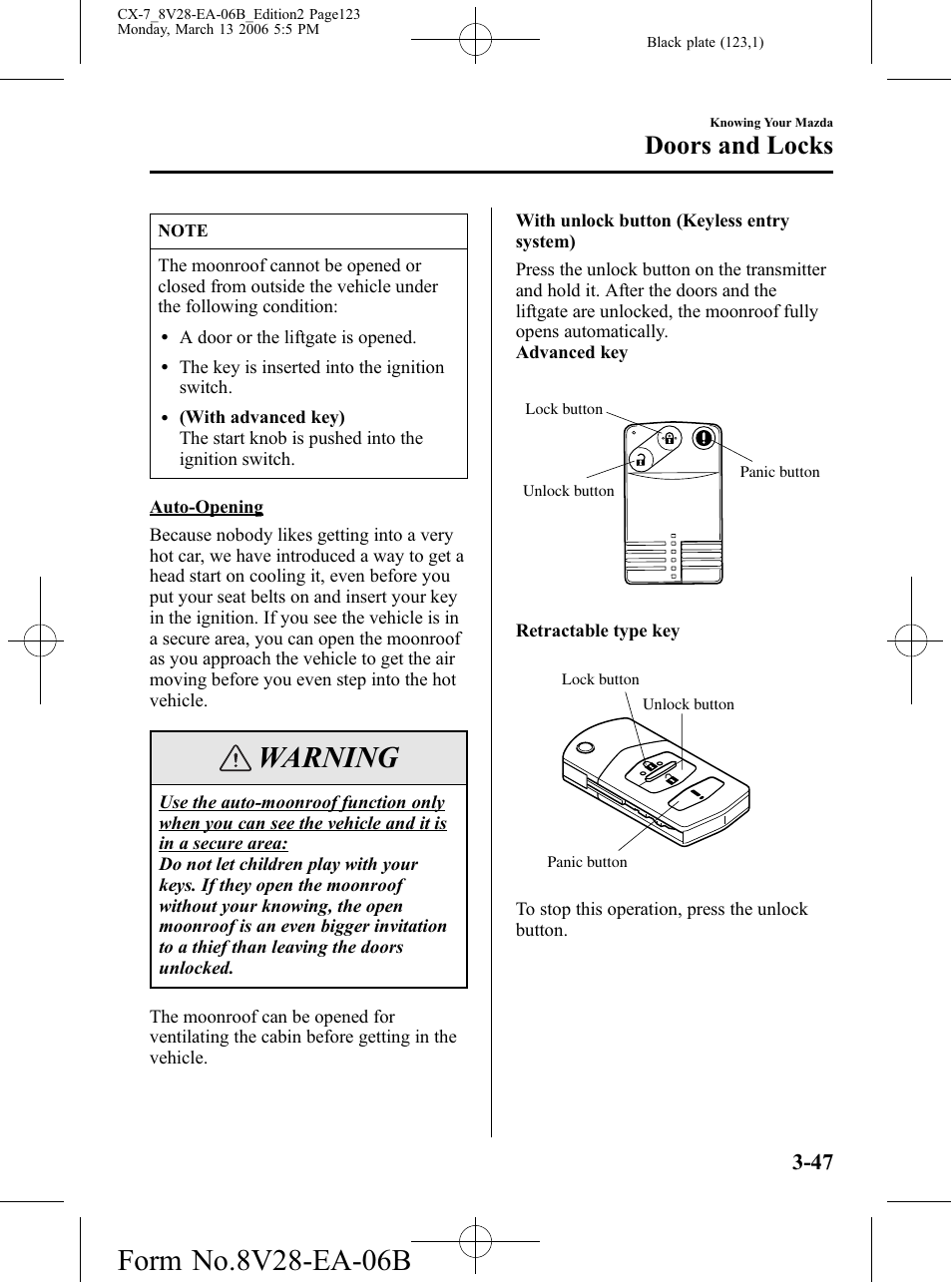 Warning, Doors and locks | Mazda 2007 CX-7 User Manual | Page 123 / 406