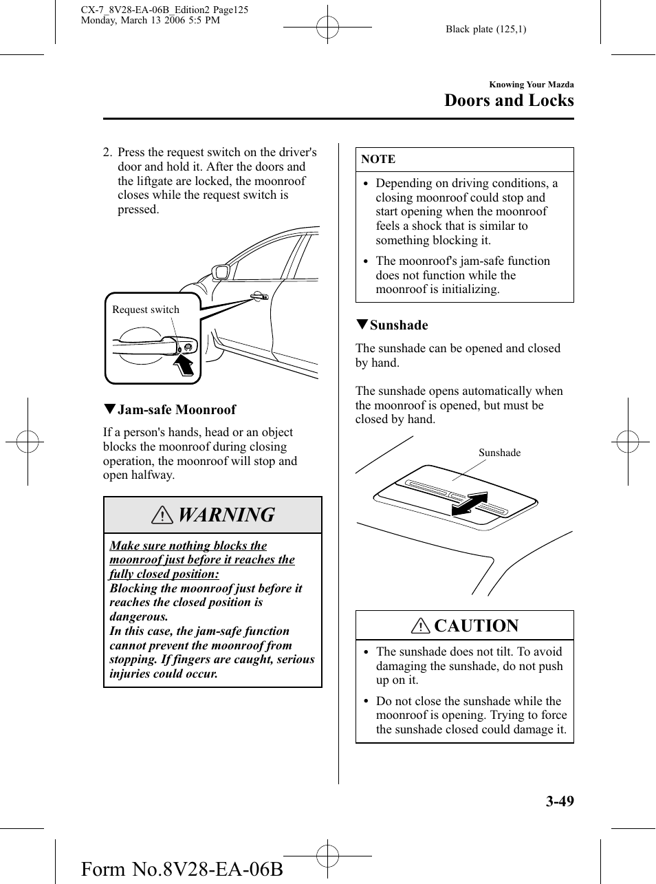 Warning, Caution, Doors and locks | Mazda 2007 CX-7 User Manual | Page 125 / 406