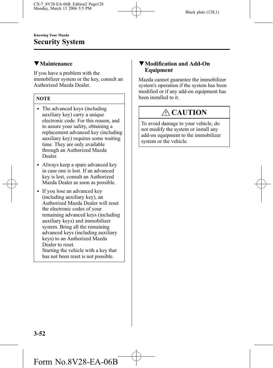 Caution, Security system | Mazda 2007 CX-7 User Manual | Page 128 / 406