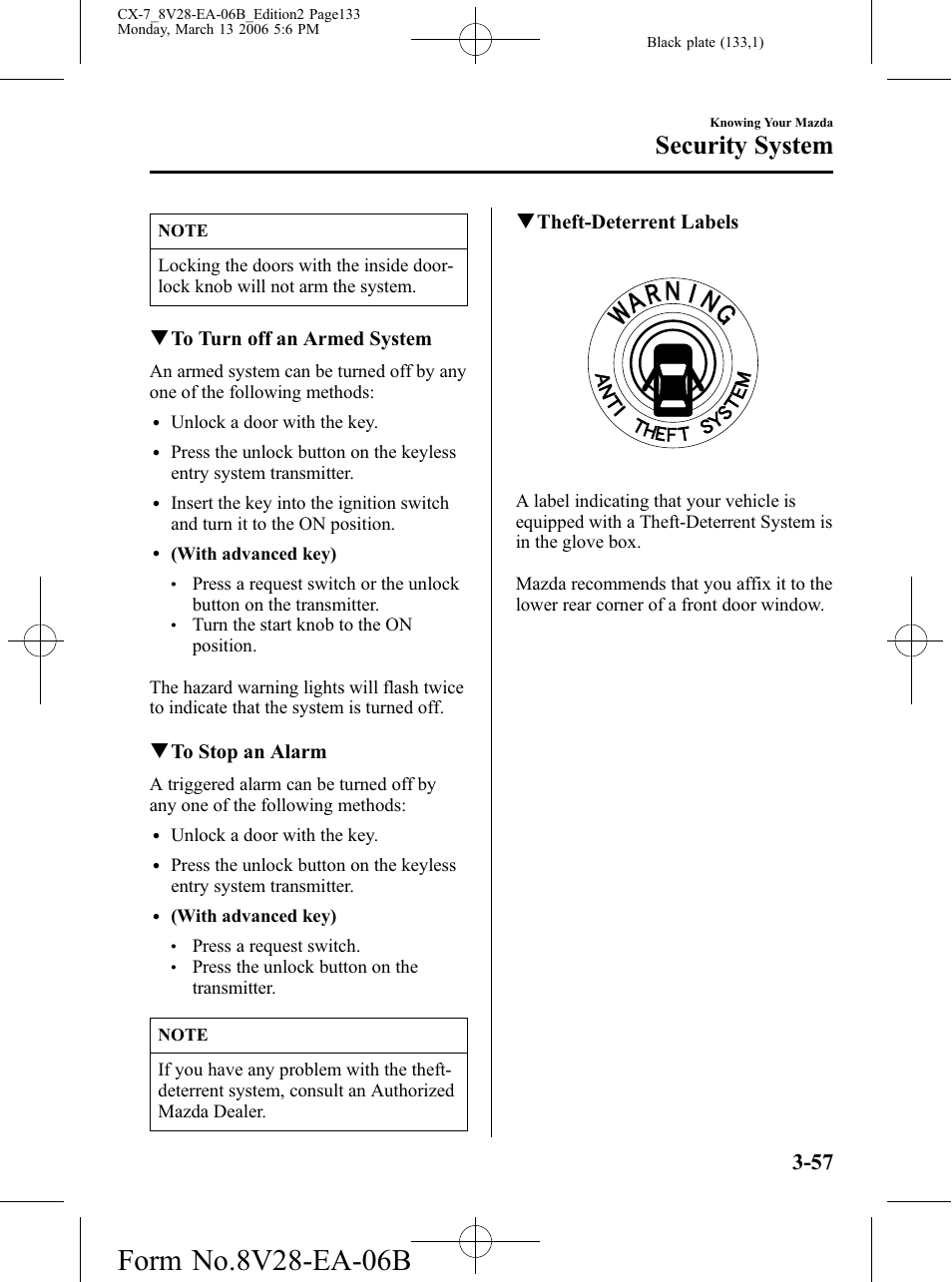 Security system, Qto turn off an armed system, Qto stop an alarm | Qtheft-deterrent labels | Mazda 2007 CX-7 User Manual | Page 133 / 406