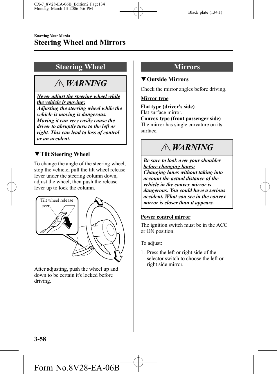 Steering wheel and mirrors, Steering wheel, Mirrors | Steering wheel and mirrors -58, Steering wheel -58 mirrors -58, Warning | Mazda 2007 CX-7 User Manual | Page 134 / 406