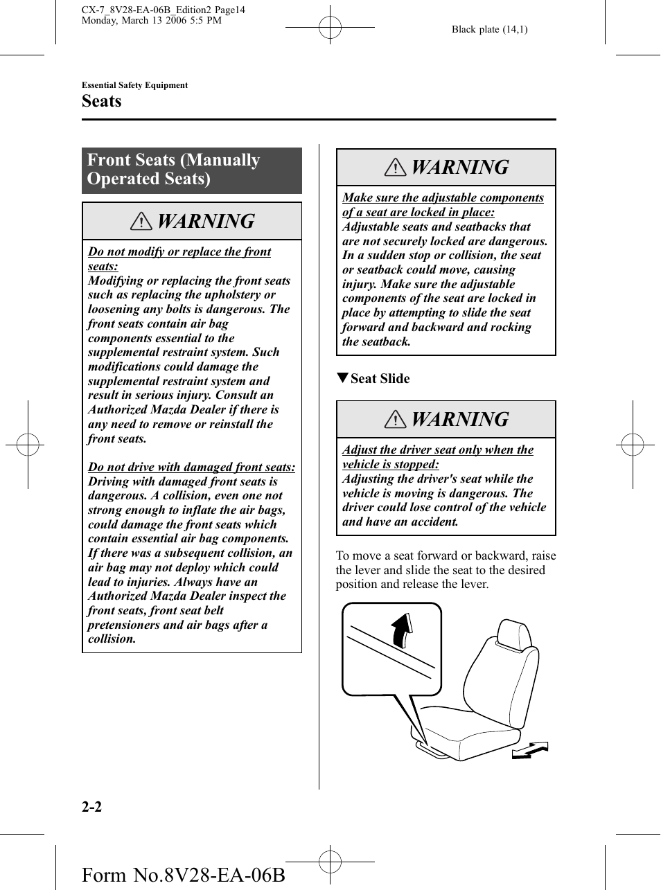 Seats, Front seats (manually operated seats), Seats -2 | Front seats (manually operated seats) -2, Warning | Mazda 2007 CX-7 User Manual | Page 14 / 406