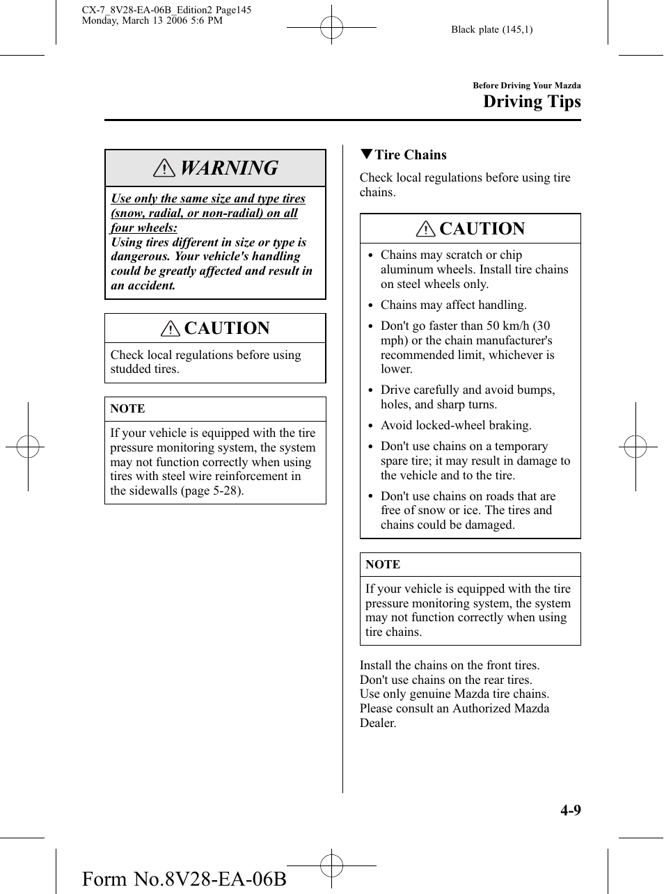 Warning, Caution, Driving tips | Mazda 2007 CX-7 User Manual | Page 145 / 406