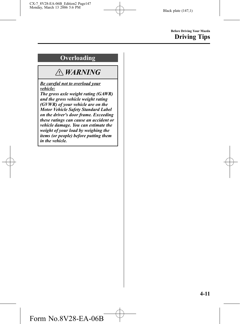 Overloading, Overloading -11, Warning | Driving tips | Mazda 2007 CX-7 User Manual | Page 147 / 406