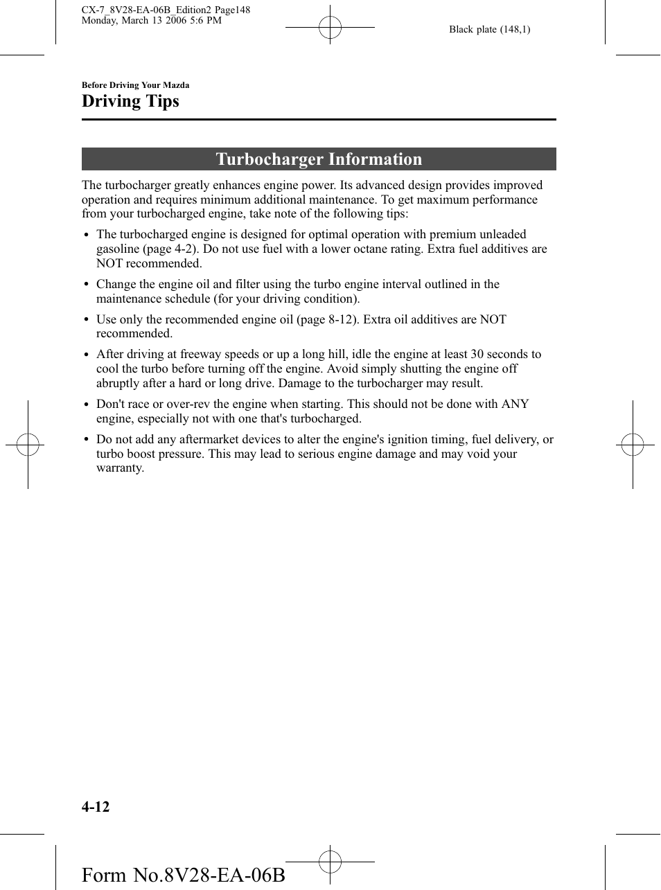 Turbocharger information, Turbocharger information -12, Driving tips | Mazda 2007 CX-7 User Manual | Page 148 / 406