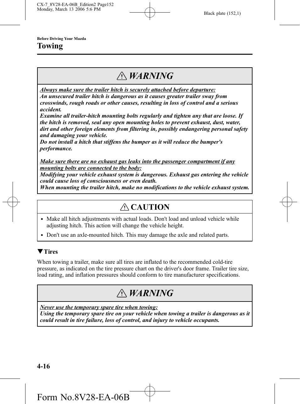 Warning, Caution, Towing | Mazda 2007 CX-7 User Manual | Page 152 / 406