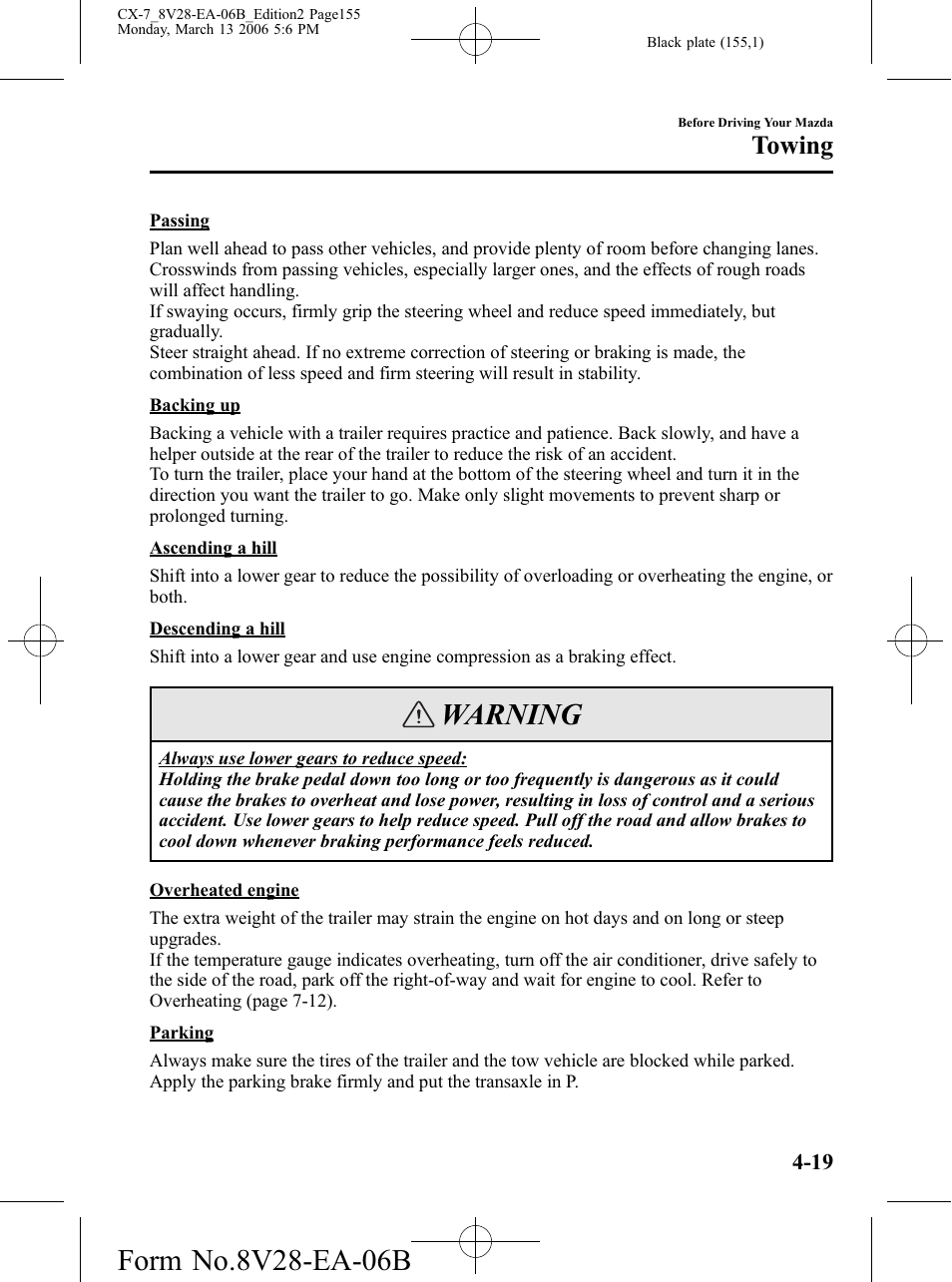 Warning, Towing | Mazda 2007 CX-7 User Manual | Page 155 / 406