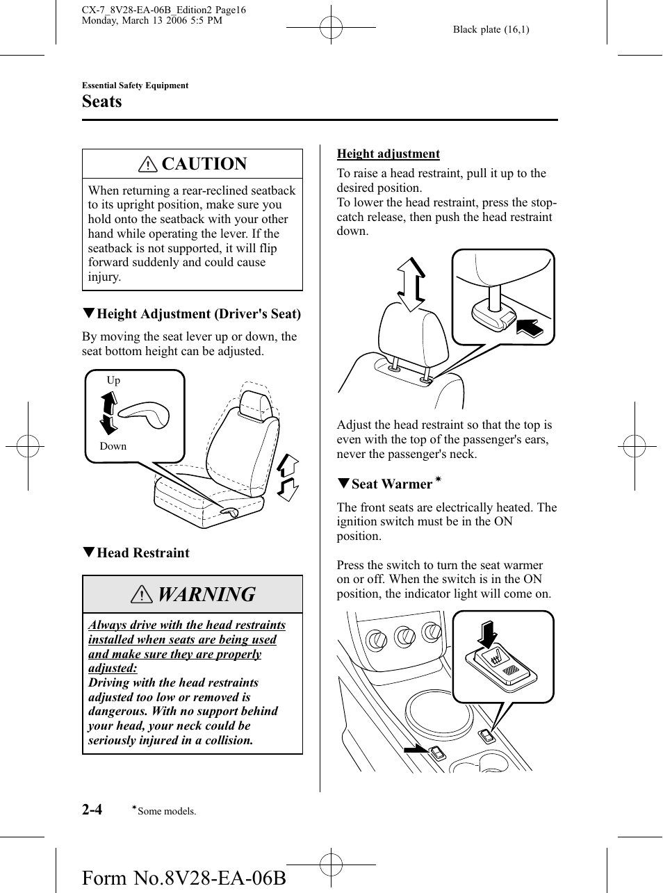 Warning, Caution, Seats | Mazda 2007 CX-7 User Manual | Page 16 / 406