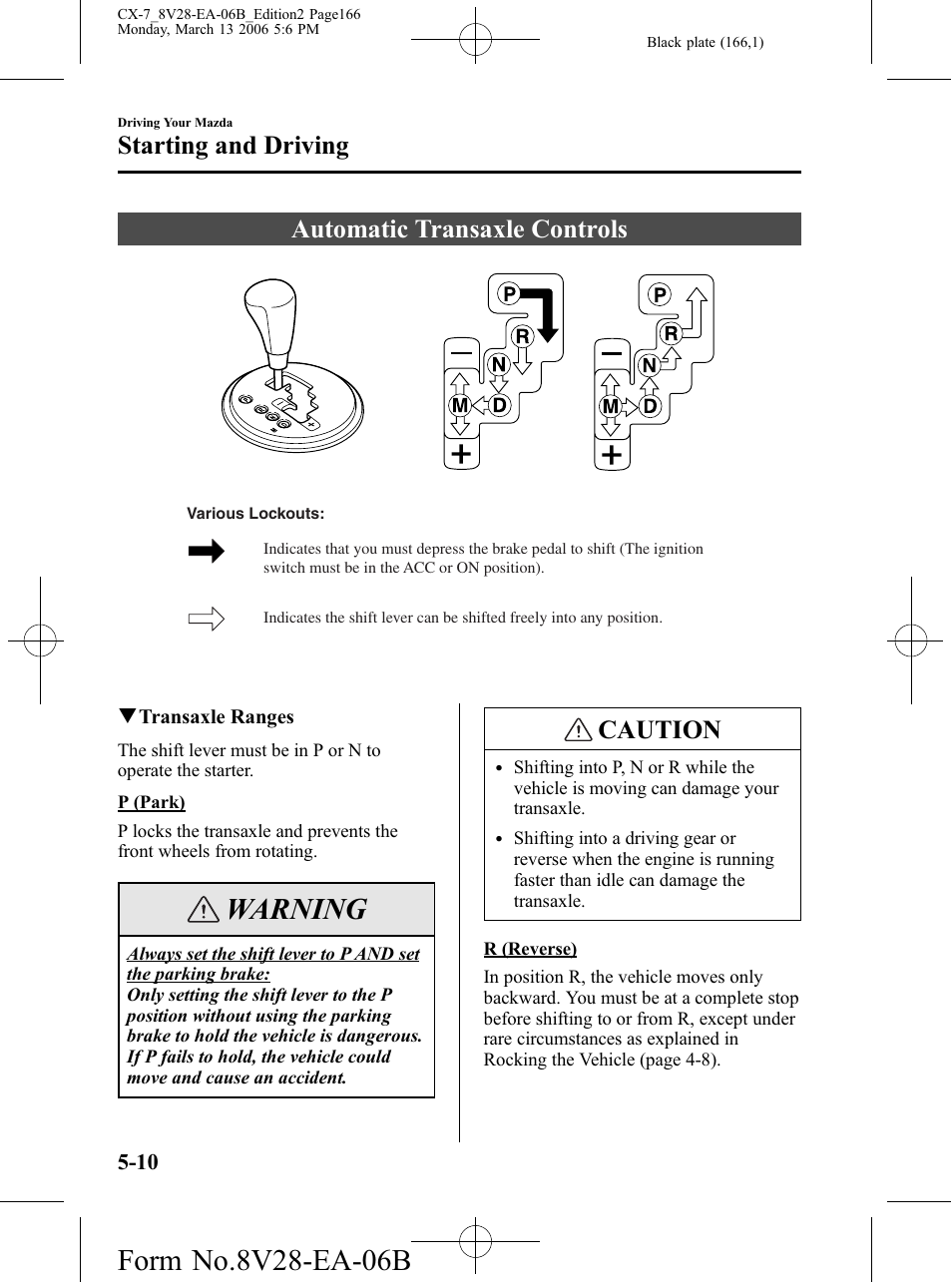 Automatic transaxle controls, Automatic transaxle controls -10, Warning | Caution, Starting and driving | Mazda 2007 CX-7 User Manual | Page 166 / 406