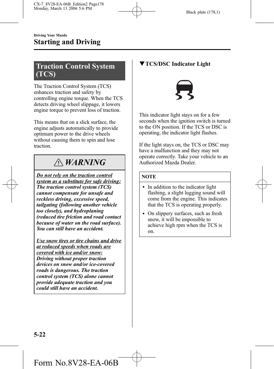 Traction control system (tcs), Traction control system (tcs) -22, Warning | Starting and driving | Mazda 2007 CX-7 User Manual | Page 178 / 406