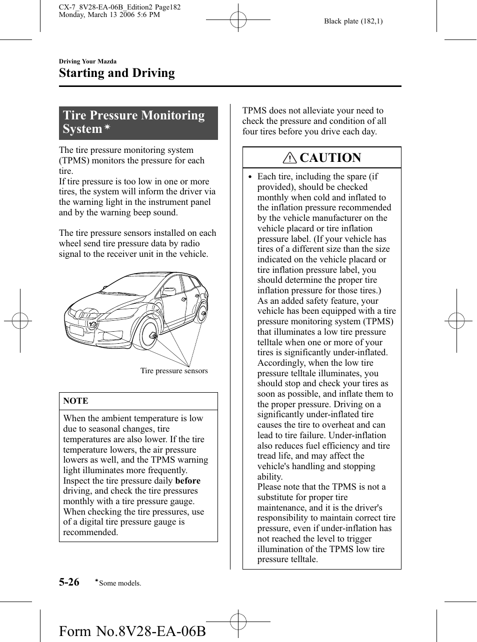 Tire pressure monitoring system, Caution, Starting and driving | Mazda 2007 CX-7 User Manual | Page 182 / 406