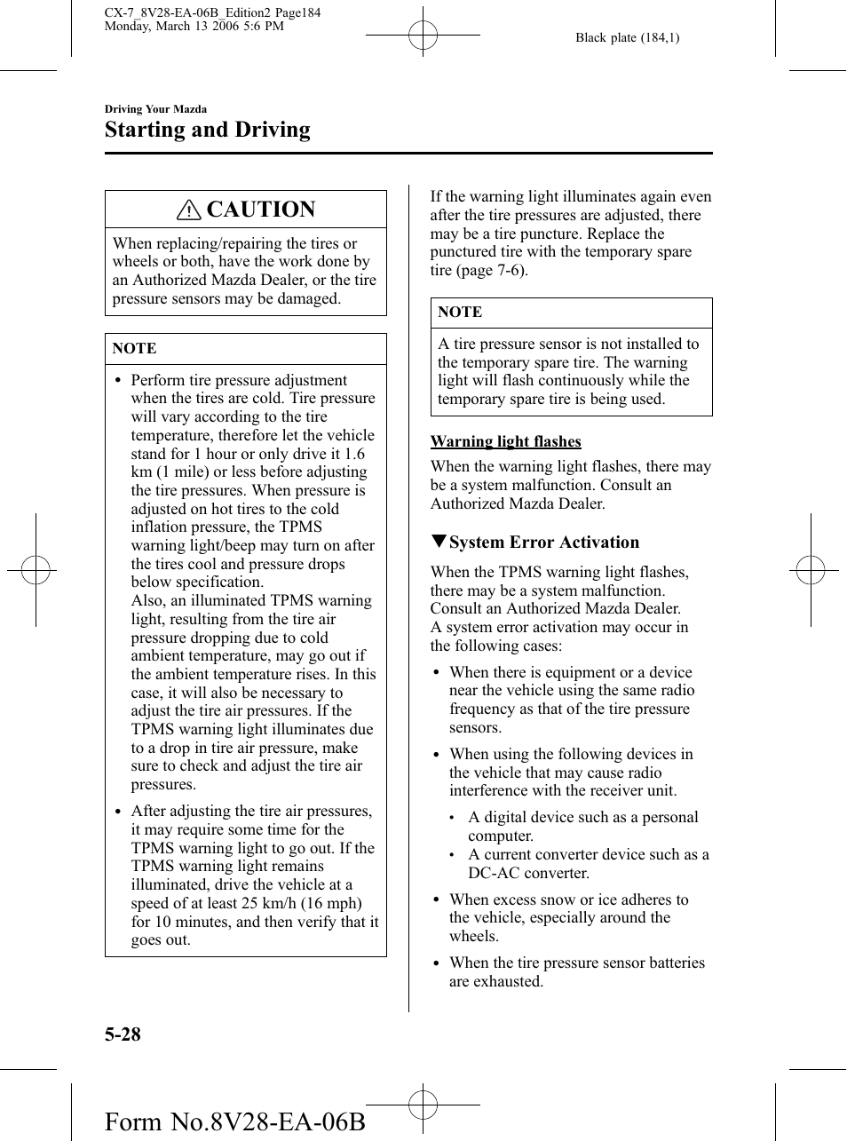 Caution, Starting and driving, Qsystem error activation | Mazda 2007 CX-7 User Manual | Page 184 / 406