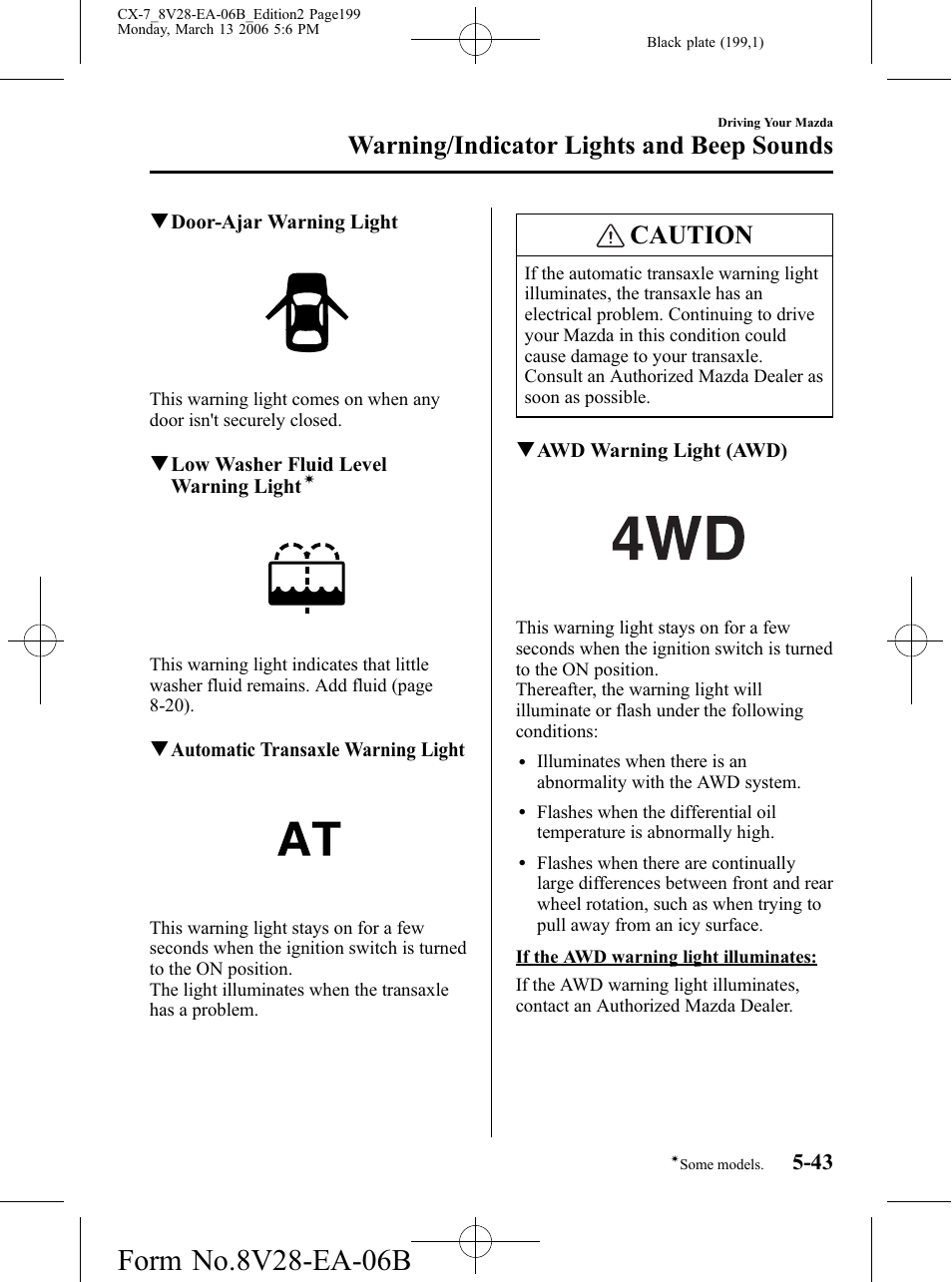 Caution, Warning/indicator lights and beep sounds | Mazda 2007 CX-7 User Manual | Page 199 / 406