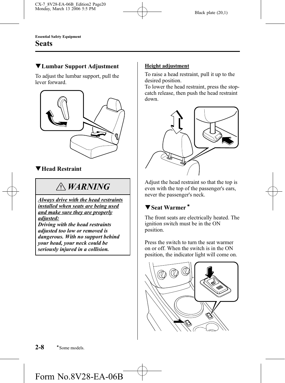 Warning, Seats | Mazda 2007 CX-7 User Manual | Page 20 / 406