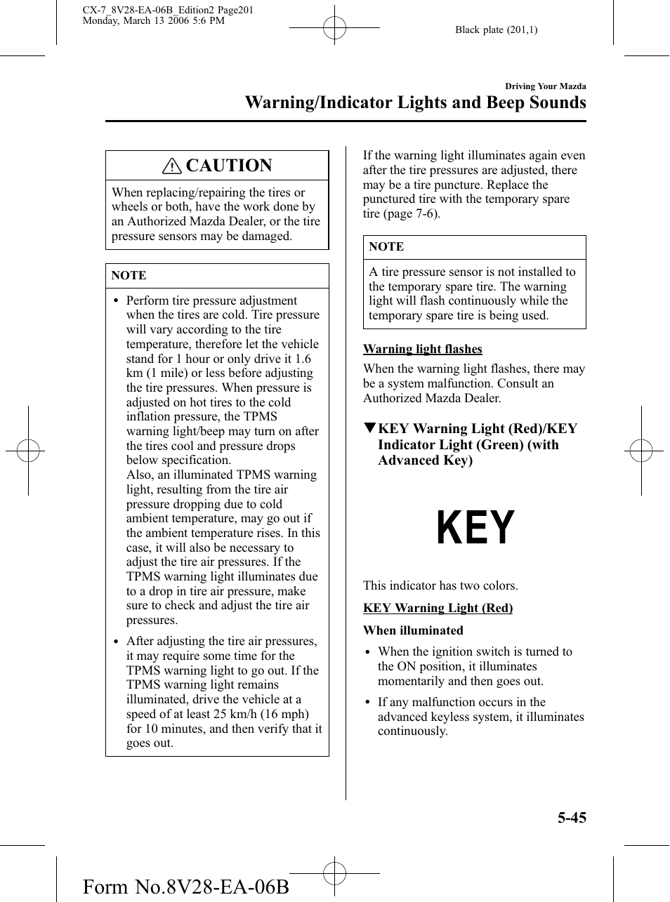 Caution, Warning/indicator lights and beep sounds | Mazda 2007 CX-7 User Manual | Page 201 / 406