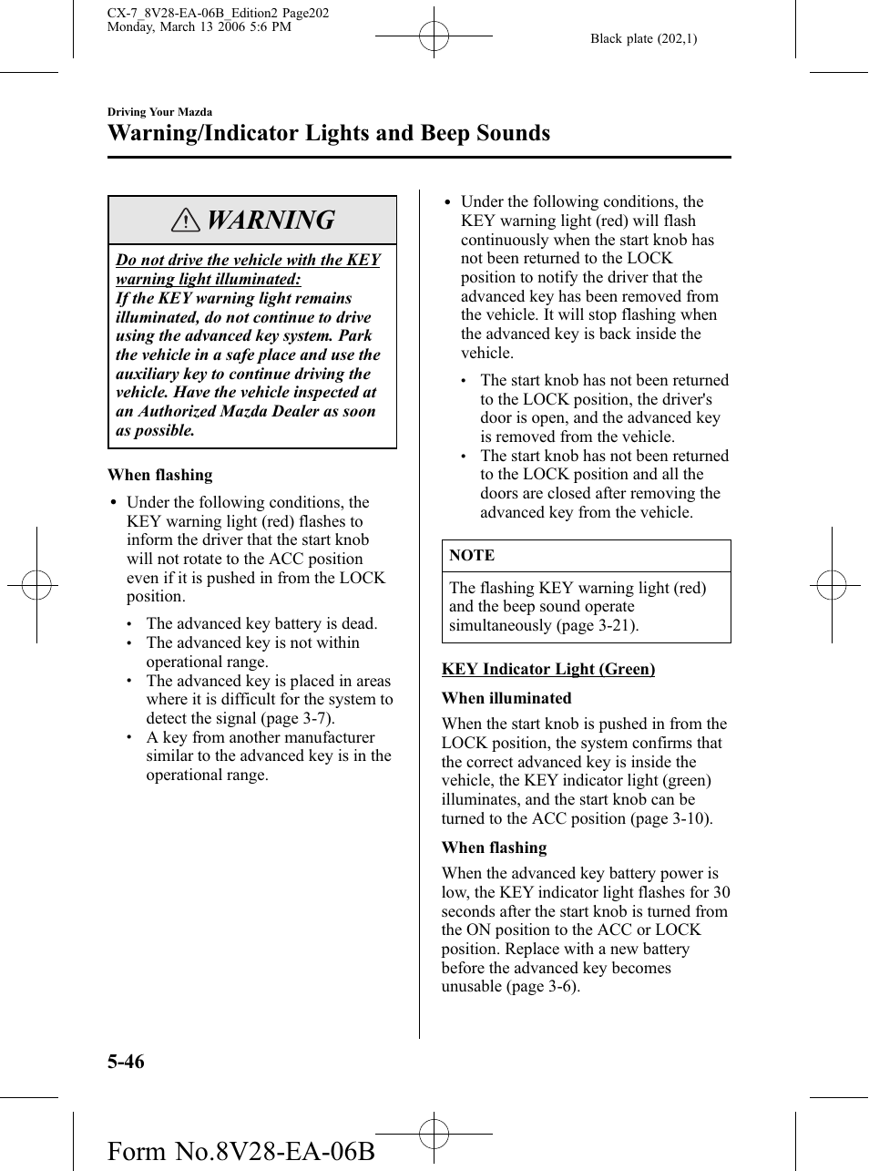 Warning, Warning/indicator lights and beep sounds | Mazda 2007 CX-7 User Manual | Page 202 / 406