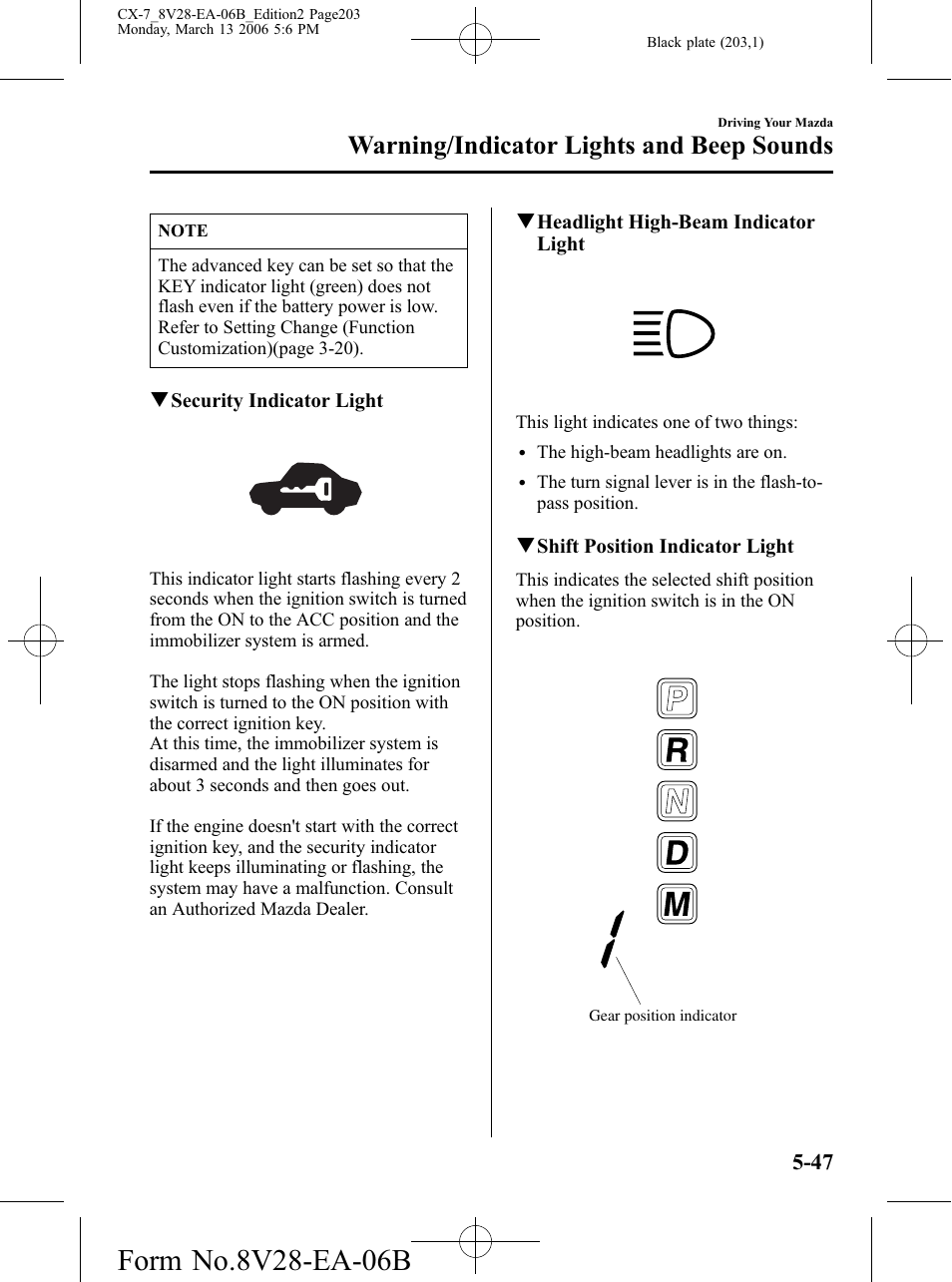 Warning/indicator lights and beep sounds | Mazda 2007 CX-7 User Manual | Page 203 / 406