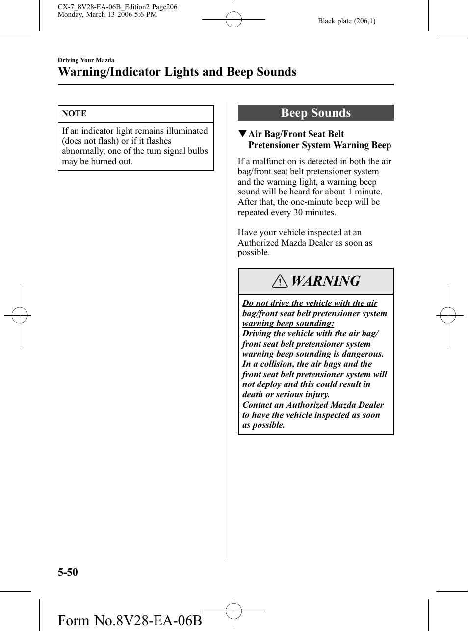 Beep sounds, Beep sounds -50, Warning | Warning/indicator lights and beep sounds | Mazda 2007 CX-7 User Manual | Page 206 / 406