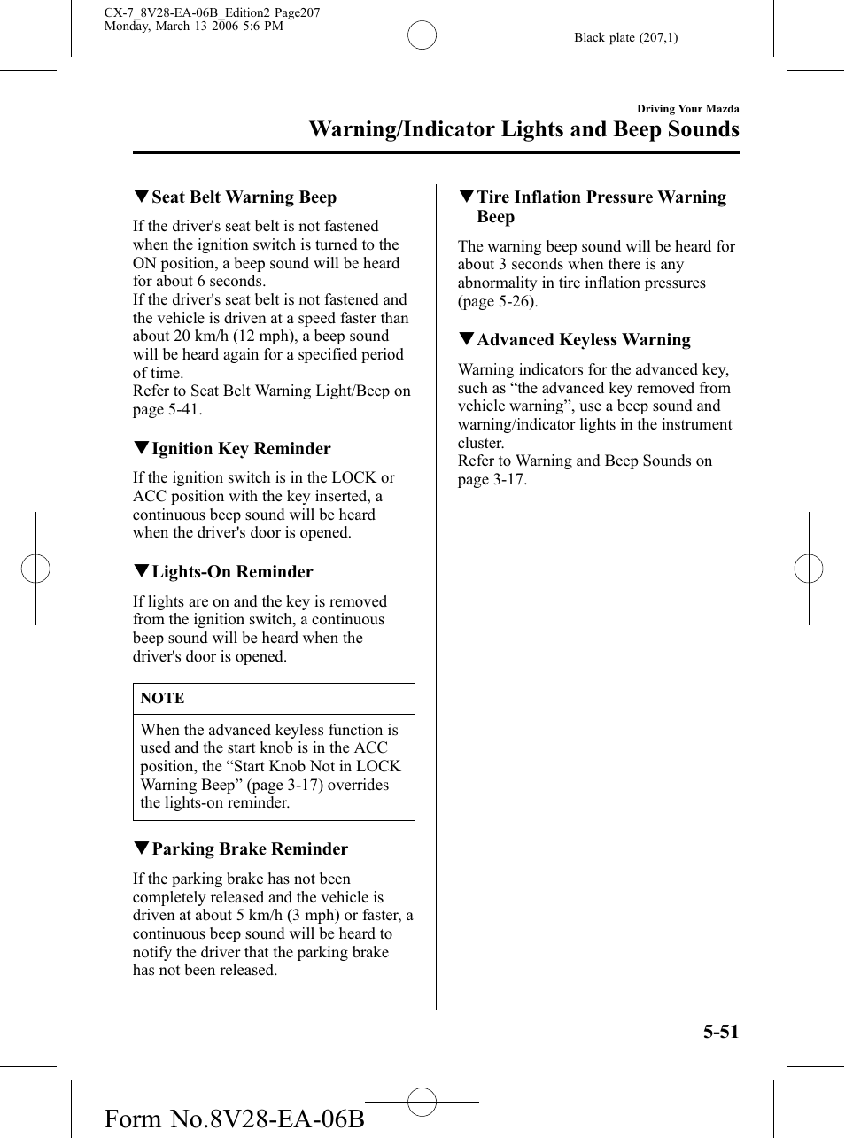 Warning/indicator lights and beep sounds | Mazda 2007 CX-7 User Manual | Page 207 / 406