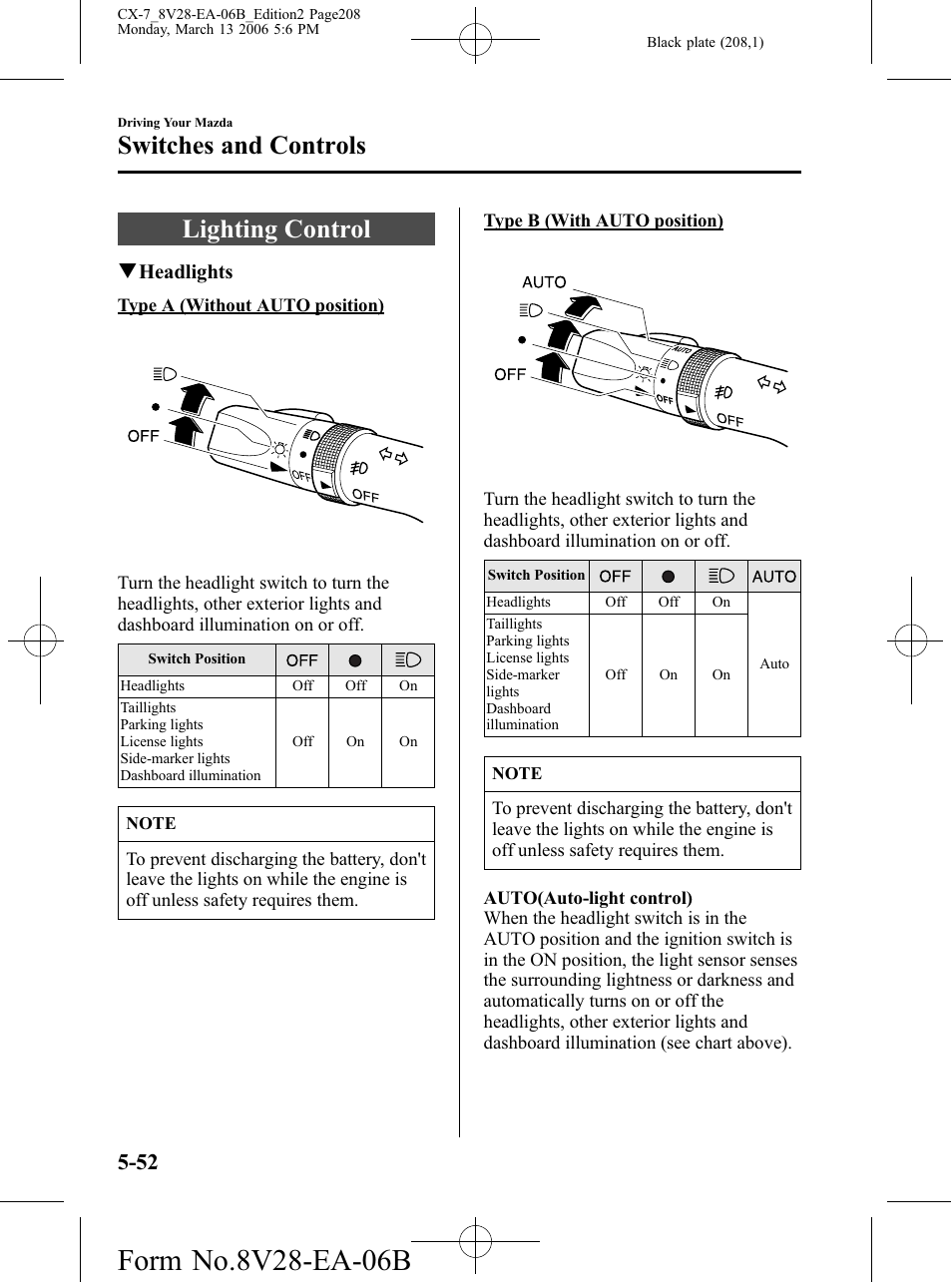 Switches and controls, Lighting control, Switches and controls -52 | Lighting control -52 | Mazda 2007 CX-7 User Manual | Page 208 / 406
