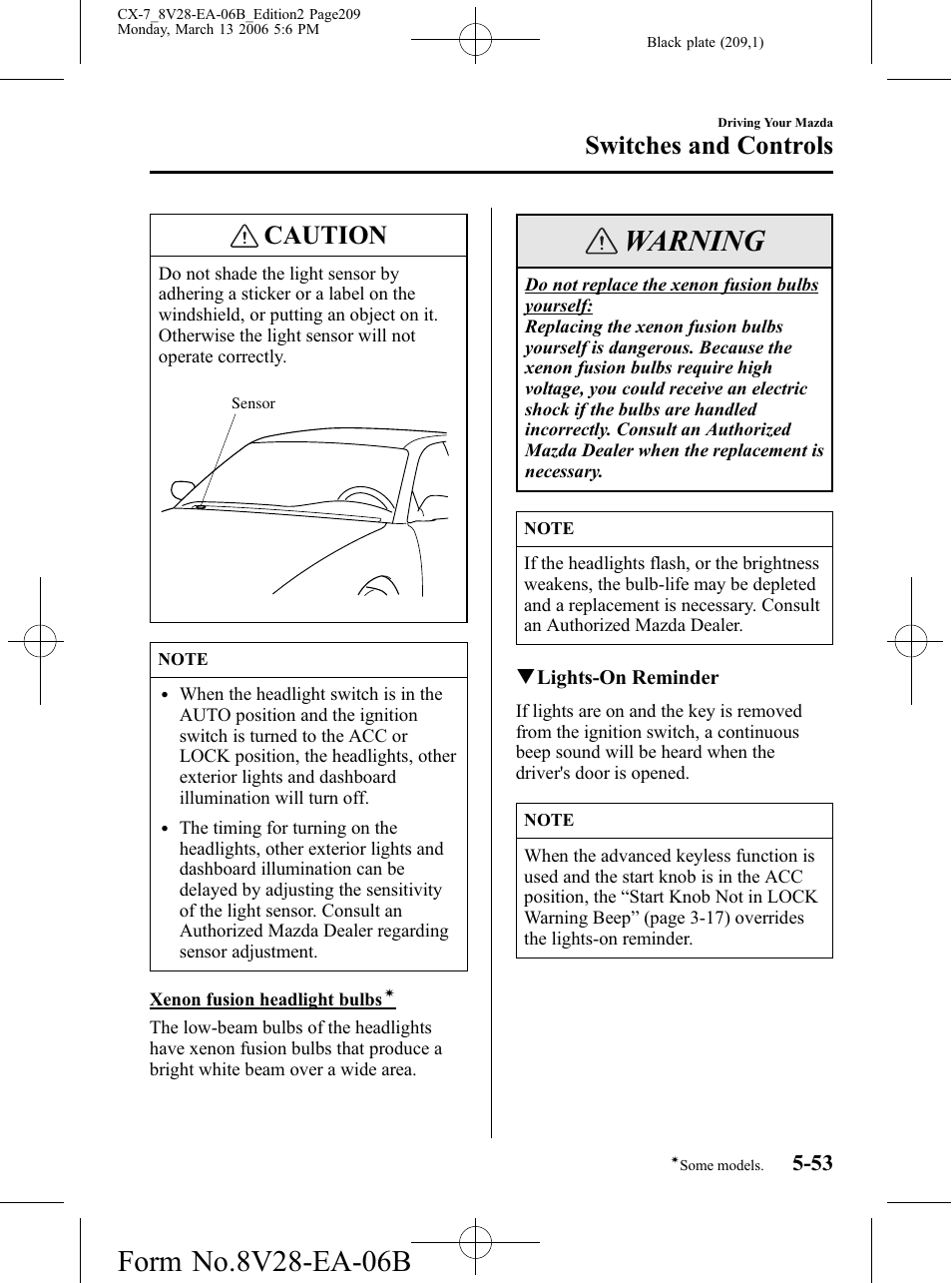 Warning, Caution, Switches and controls | Mazda 2007 CX-7 User Manual | Page 209 / 406