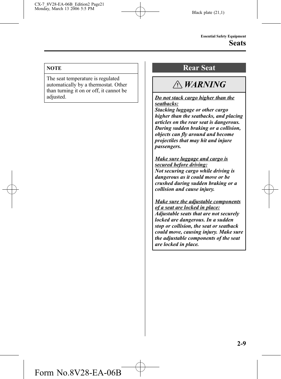 Rear seat, Rear seat -9, Warning | Seats | Mazda 2007 CX-7 User Manual | Page 21 / 406