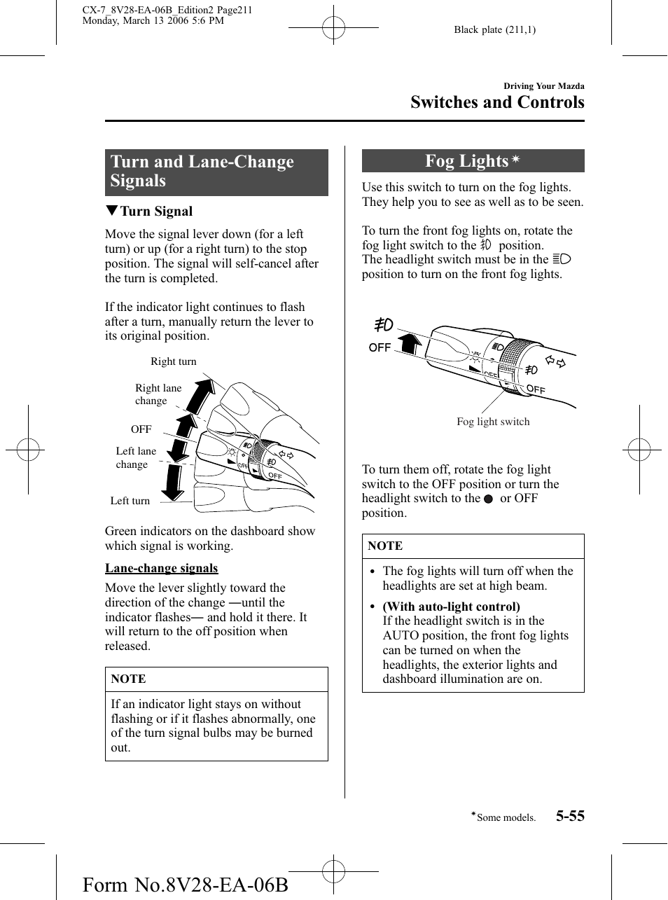 Turn and lane-change signals, Fog lights, Turn and lane-change signals -55 fog lights | Switches and controls | Mazda 2007 CX-7 User Manual | Page 211 / 406