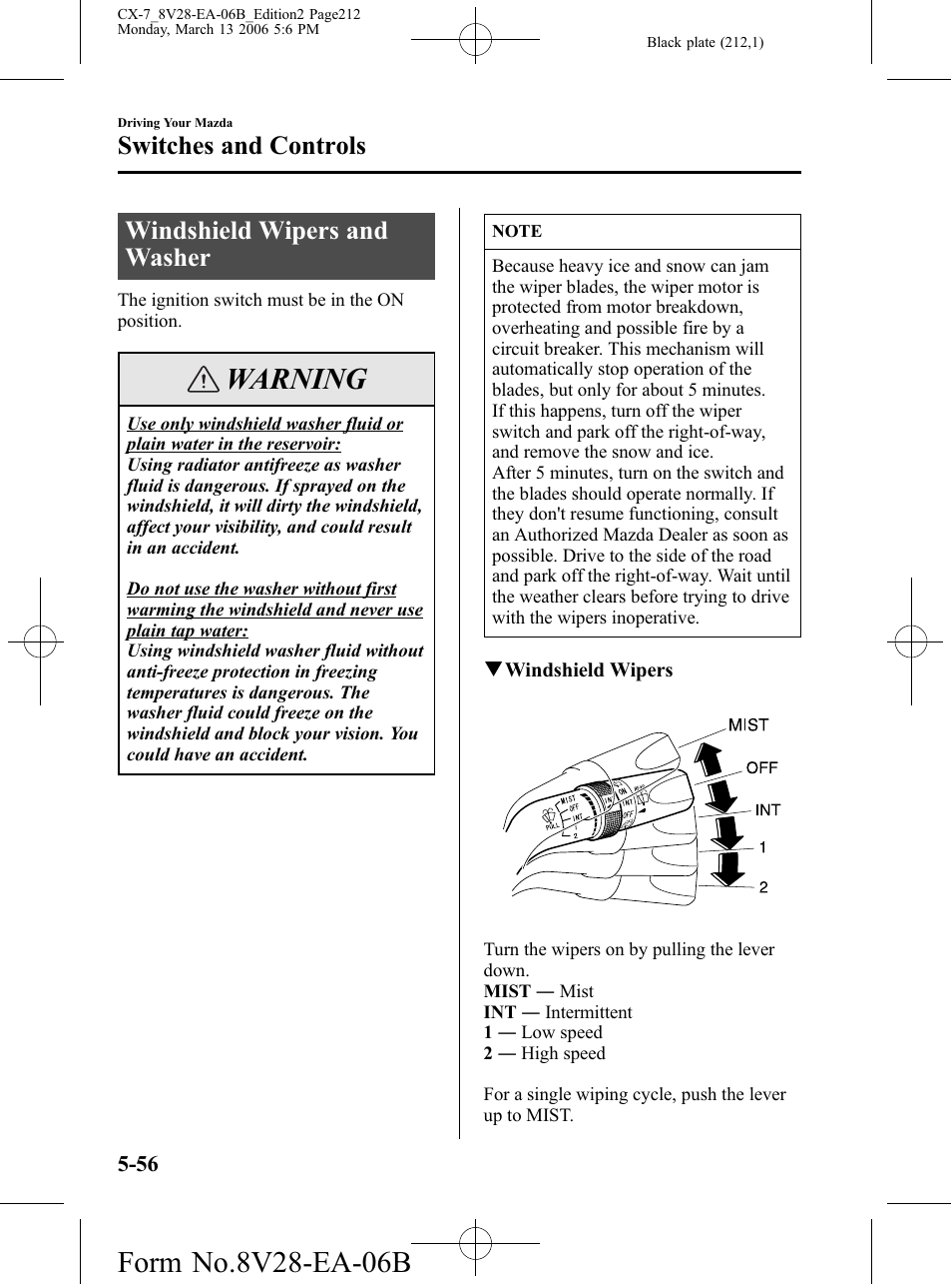 Windshield wipers and washer, Windshield wipers and washer -56, Warning | Switches and controls | Mazda 2007 CX-7 User Manual | Page 212 / 406