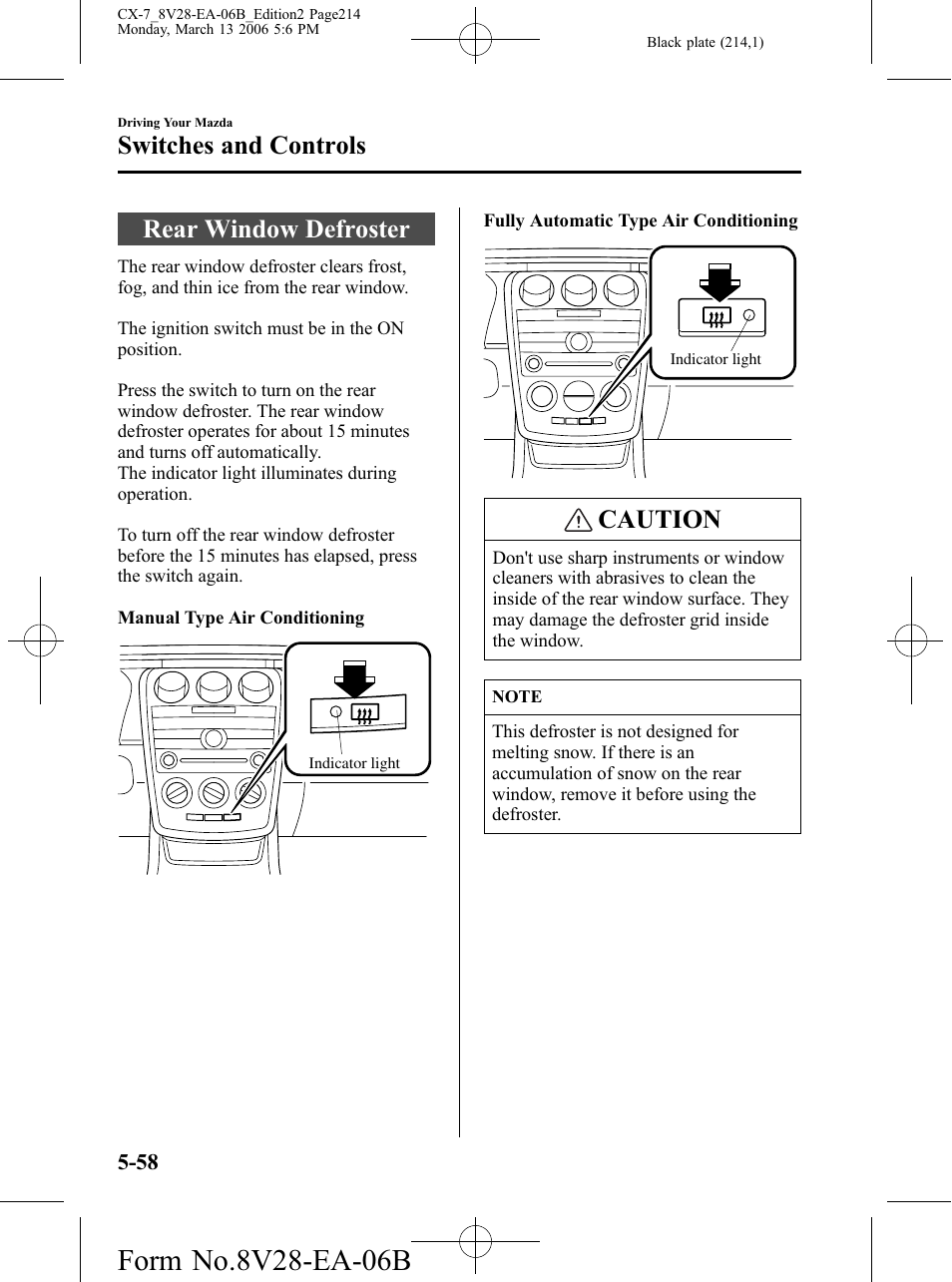 Rear window defroster, Rear window defroster -58, Caution | Switches and controls | Mazda 2007 CX-7 User Manual | Page 214 / 406