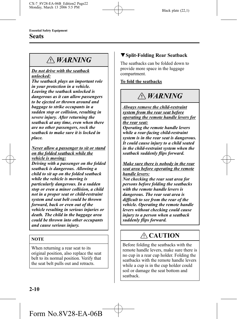 Warning, Caution, Seats | Mazda 2007 CX-7 User Manual | Page 22 / 406