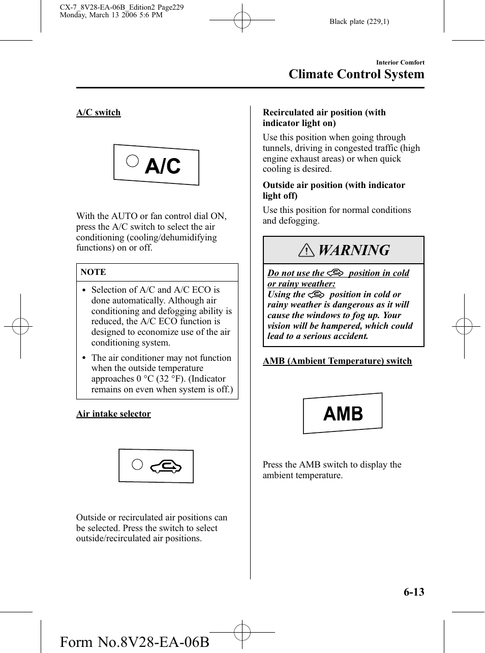 Warning, Climate control system | Mazda 2007 CX-7 User Manual | Page 229 / 406