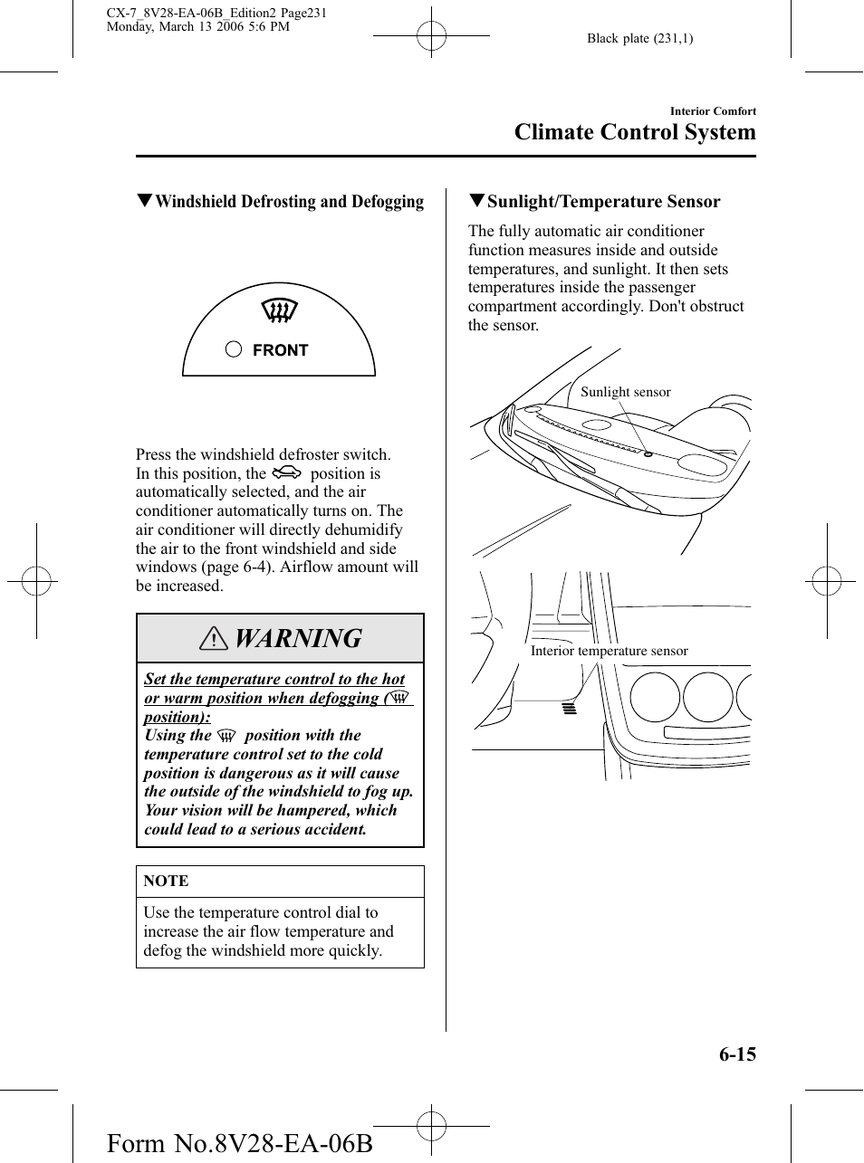 Warning, Climate control system | Mazda 2007 CX-7 User Manual | Page 231 / 406