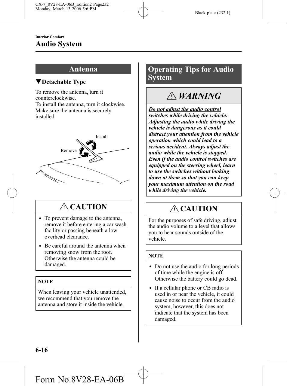 Audio system, Antenna, Operating tips for audio system | Audio system -16, Antenna -16 operating tips for audio system -16, Warning, Caution | Mazda 2007 CX-7 User Manual | Page 232 / 406