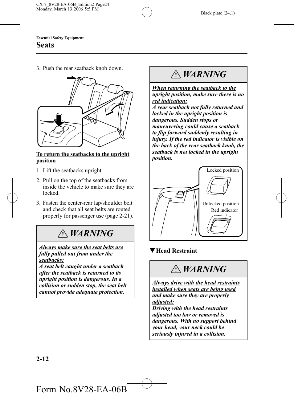 Warning, Seats | Mazda 2007 CX-7 User Manual | Page 24 / 406